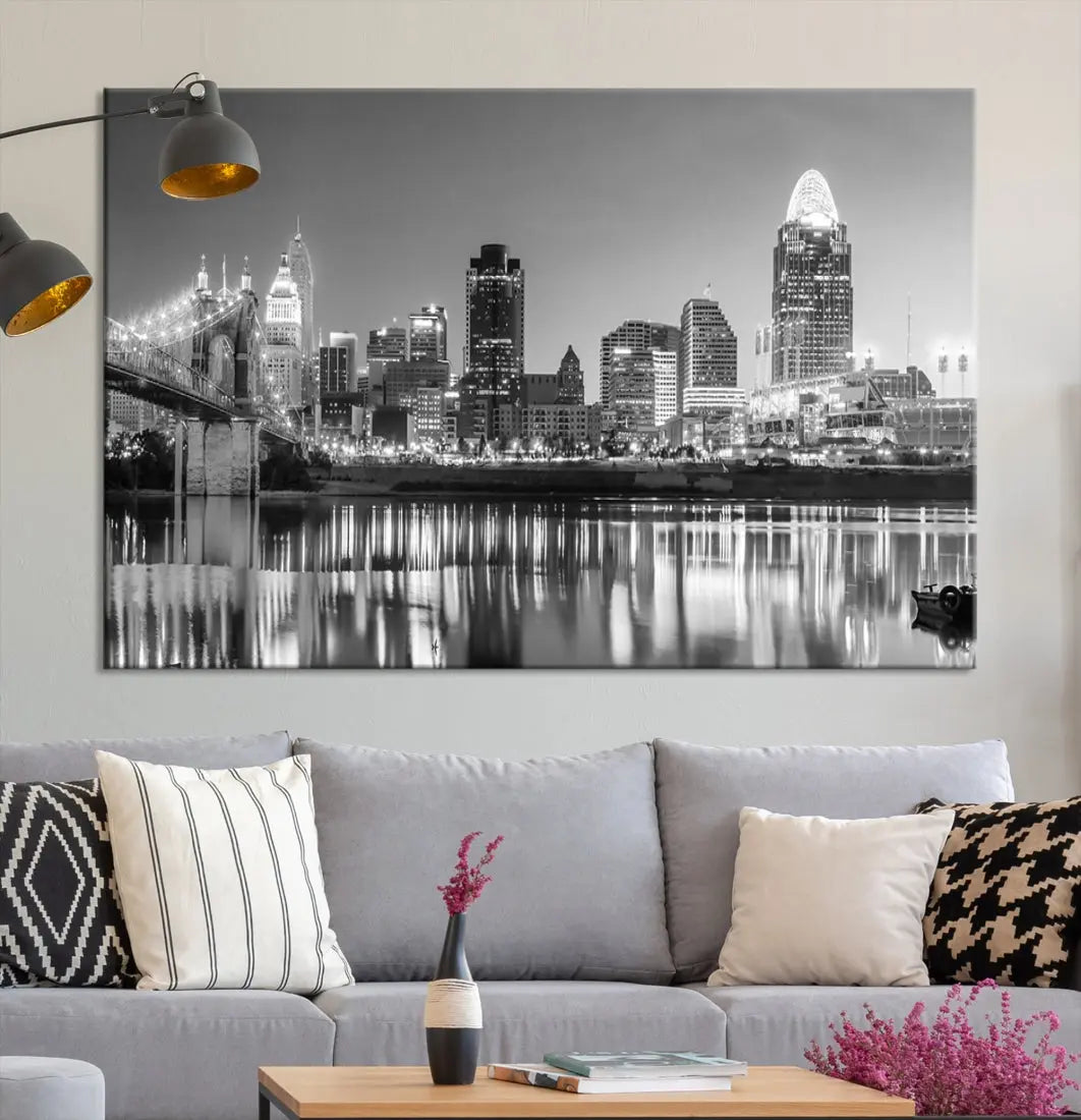 Black and White Cincinnati Skyline Wall Art Cityscape Canvas Print