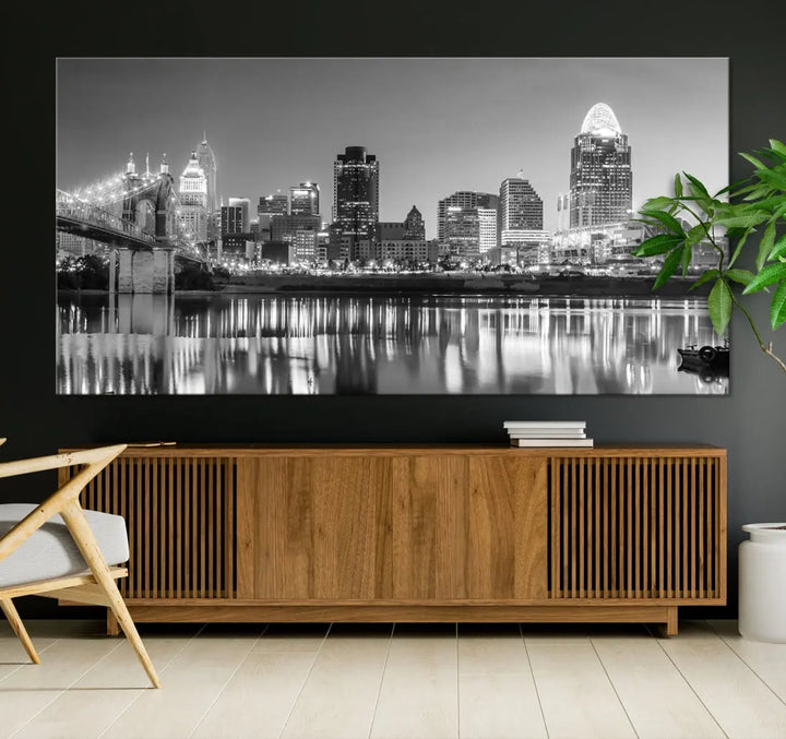 Black and White Cincinnati Skyline Wall Art Cityscape Canvas Print