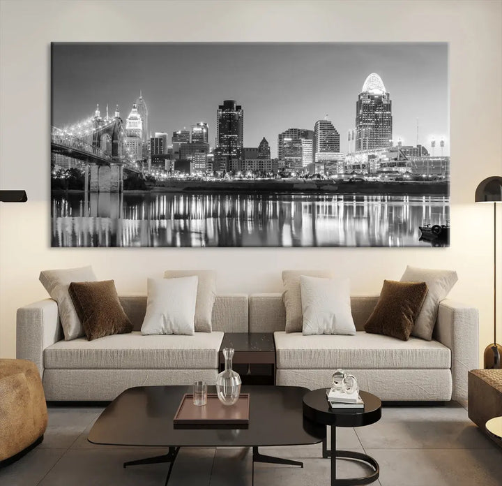 Black and White Cincinnati Skyline Wall Art Cityscape Canvas Print