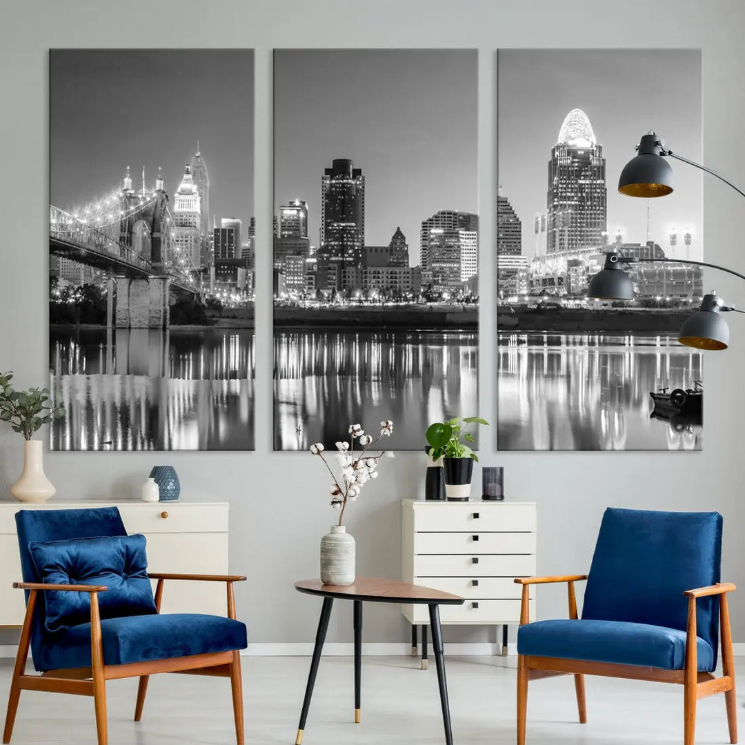 Black and White Cincinnati Skyline Wall Art Cityscape Canvas Print