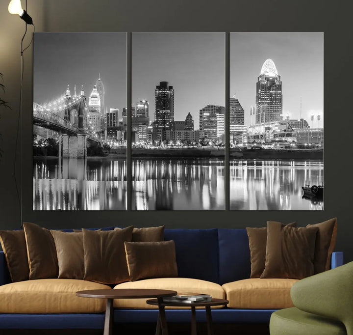 Black and White Cincinnati Skyline Wall Art Cityscape Canvas Print