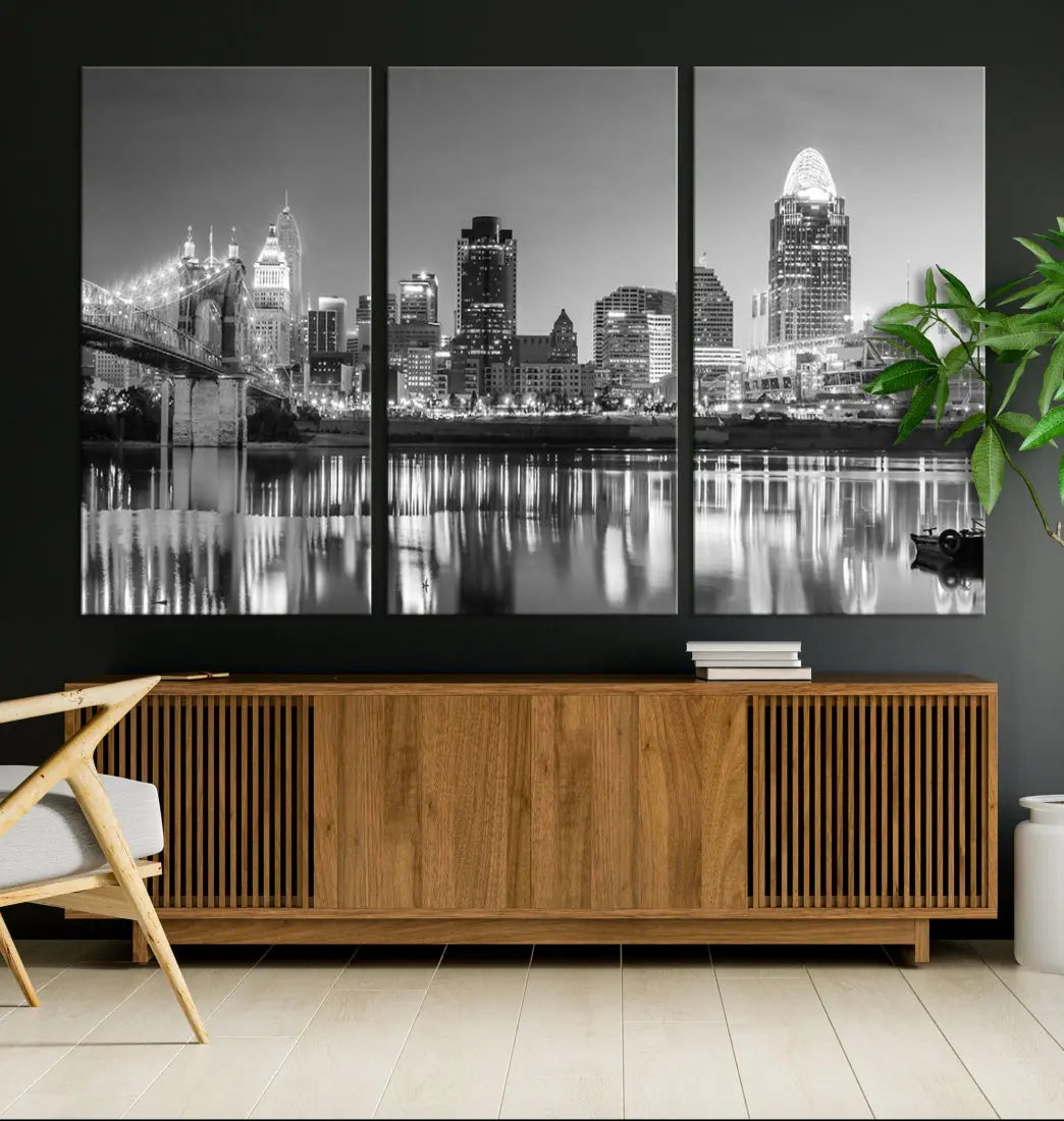 Black and White Cincinnati Skyline Wall Art Cityscape Canvas Print