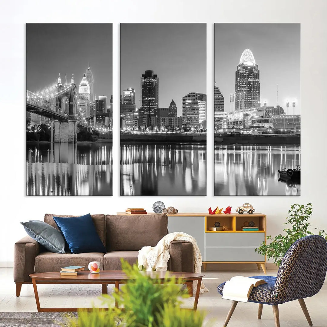 Black and White Cincinnati Skyline Wall Art Cityscape Canvas Print