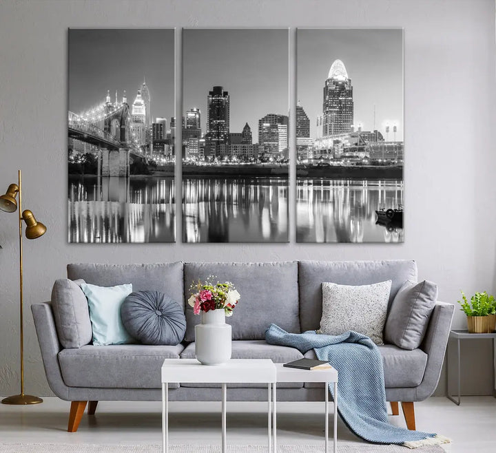 Black and White Cincinnati Skyline Wall Art Cityscape Canvas Print