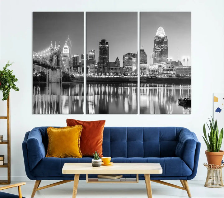 Black and White Cincinnati Skyline Wall Art Cityscape Canvas Print