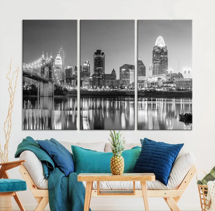 Black and White Cincinnati Skyline Wall Art Cityscape Canvas Print