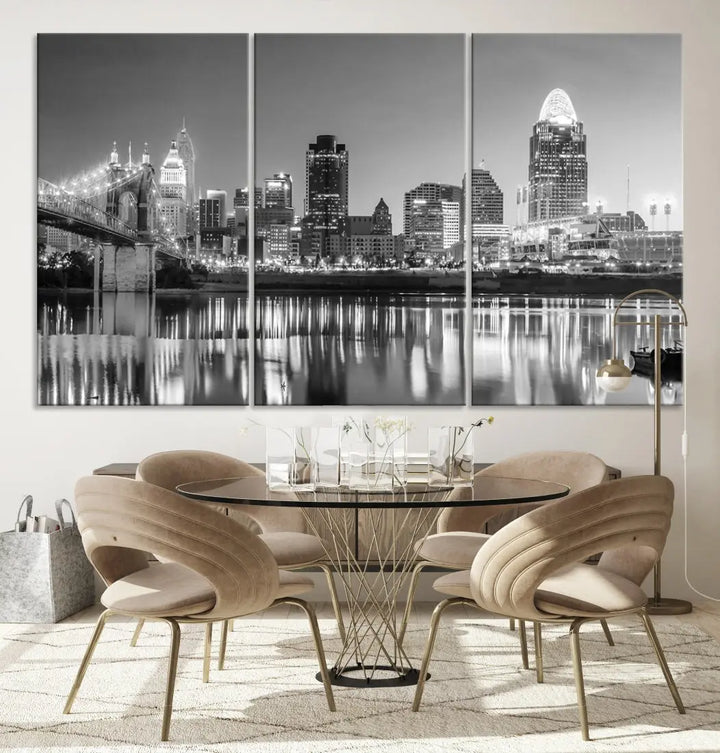 Black and White Cincinnati Skyline Wall Art Cityscape Canvas Print