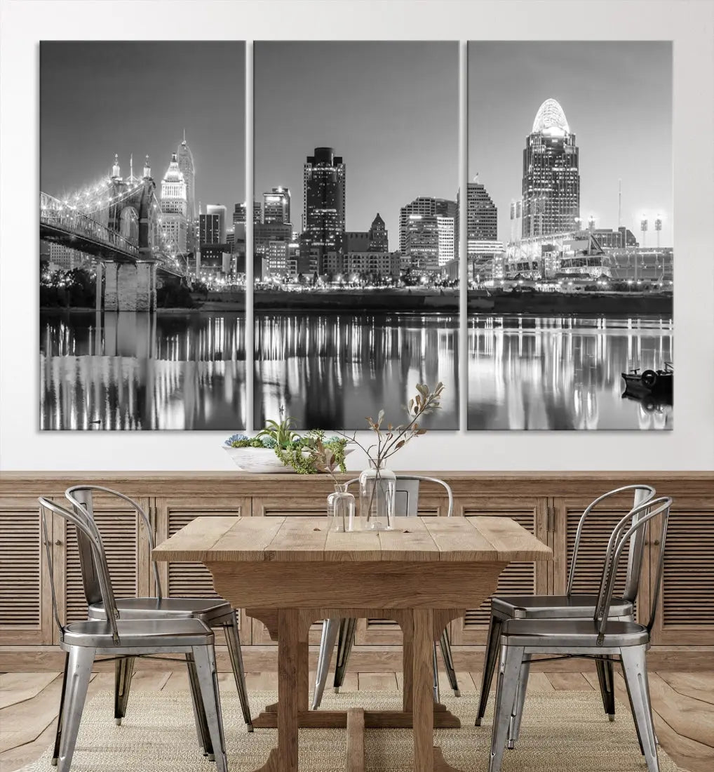 Black and White Cincinnati Skyline Wall Art Cityscape Canvas Print