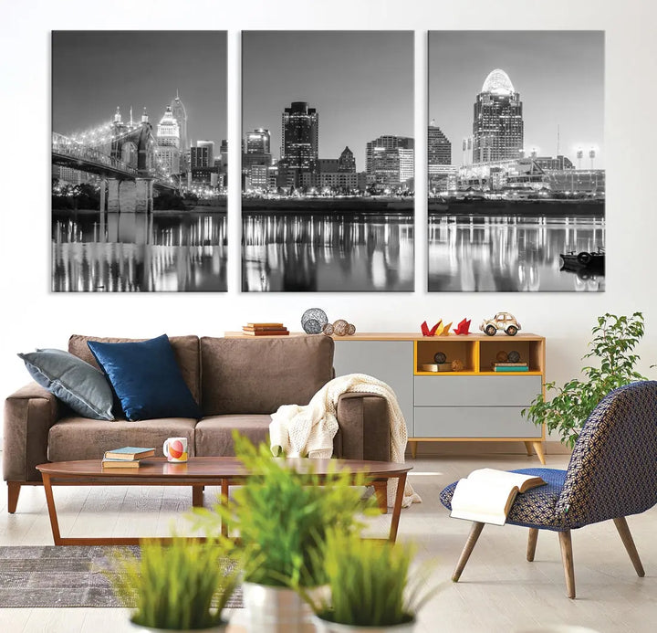 Black and White Cincinnati Skyline Wall Art Cityscape Canvas Print