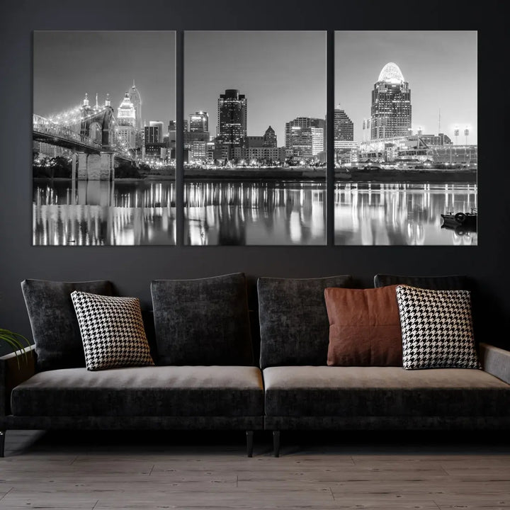 Black and White Cincinnati Skyline Wall Art Cityscape Canvas Print