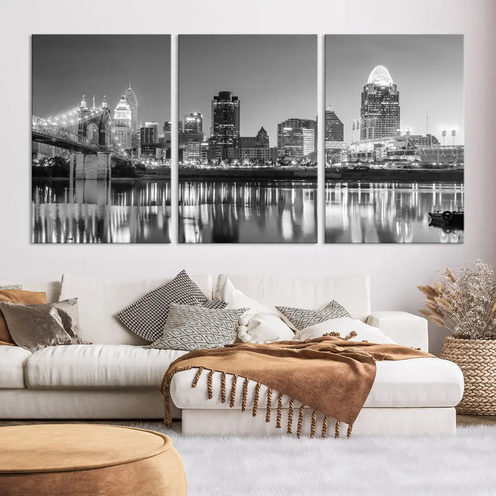 Black and White Cincinnati Skyline Wall Art Cityscape Canvas Print