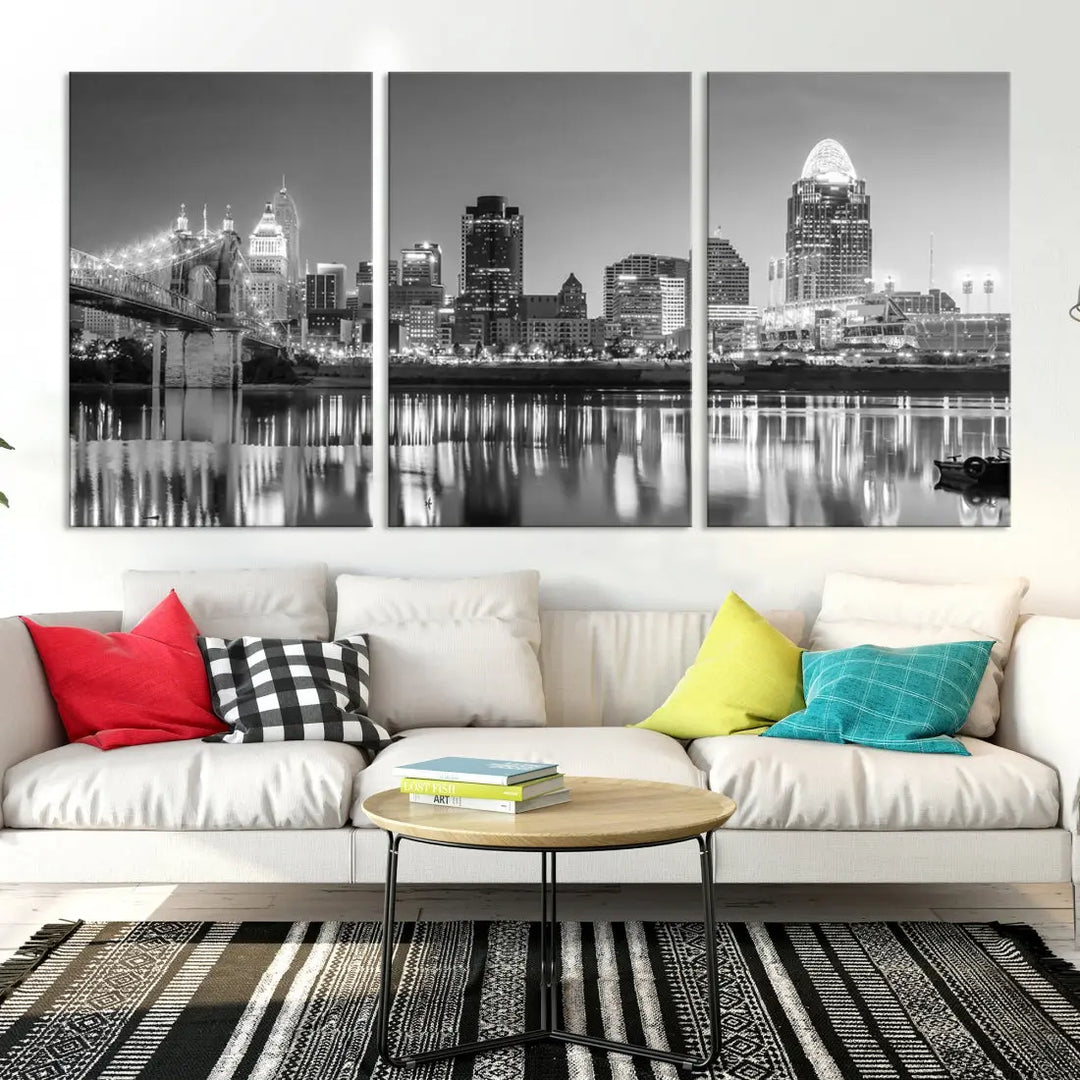 Black and White Cincinnati Skyline Wall Art Cityscape Canvas Print