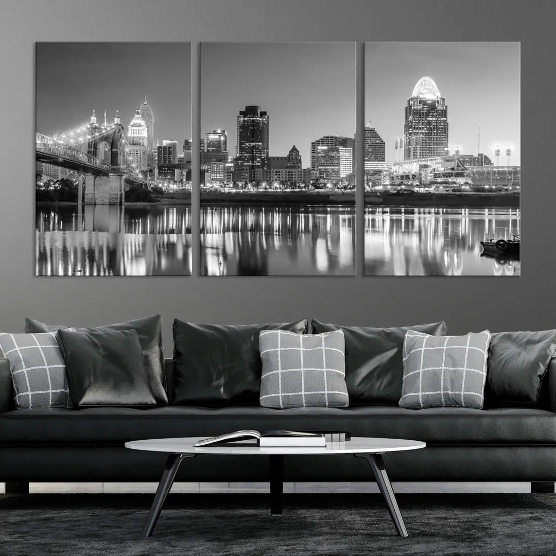 Black and White Cincinnati Skyline Wall Art Cityscape Canvas Print