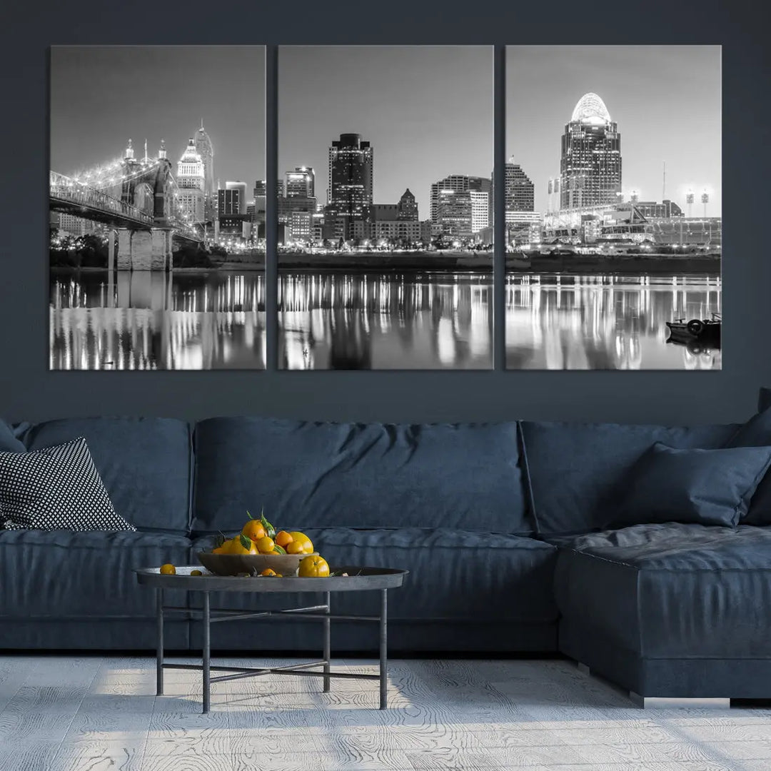 Black and White Cincinnati Skyline Wall Art Cityscape Canvas Print