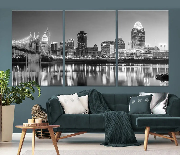 Black and White Cincinnati Skyline Wall Art Cityscape Canvas Print