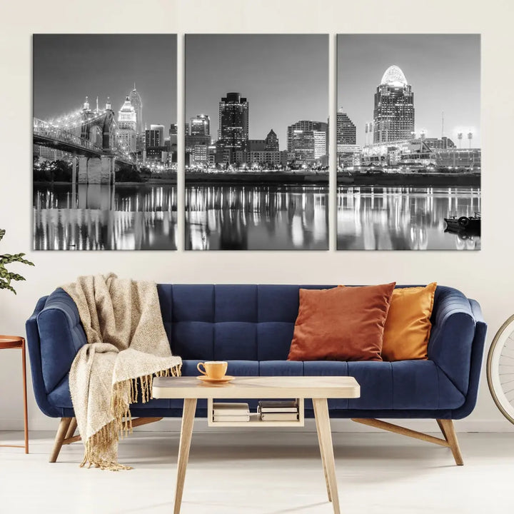 Black and White Cincinnati Skyline Wall Art Cityscape Canvas Print