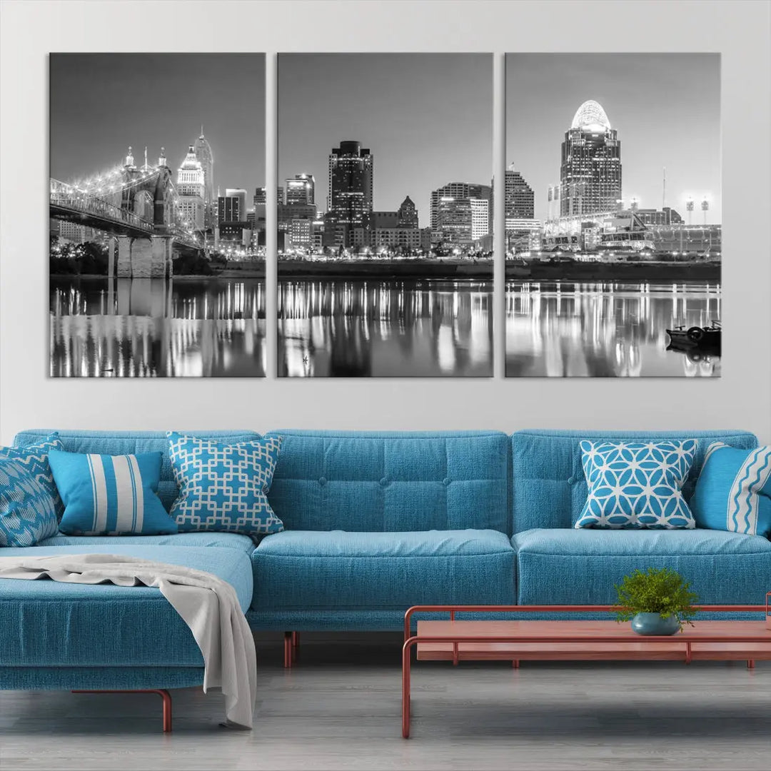 Black and White Cincinnati Skyline Wall Art Cityscape Canvas Print