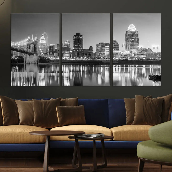 Black and White Cincinnati Skyline Wall Art Cityscape Canvas Print