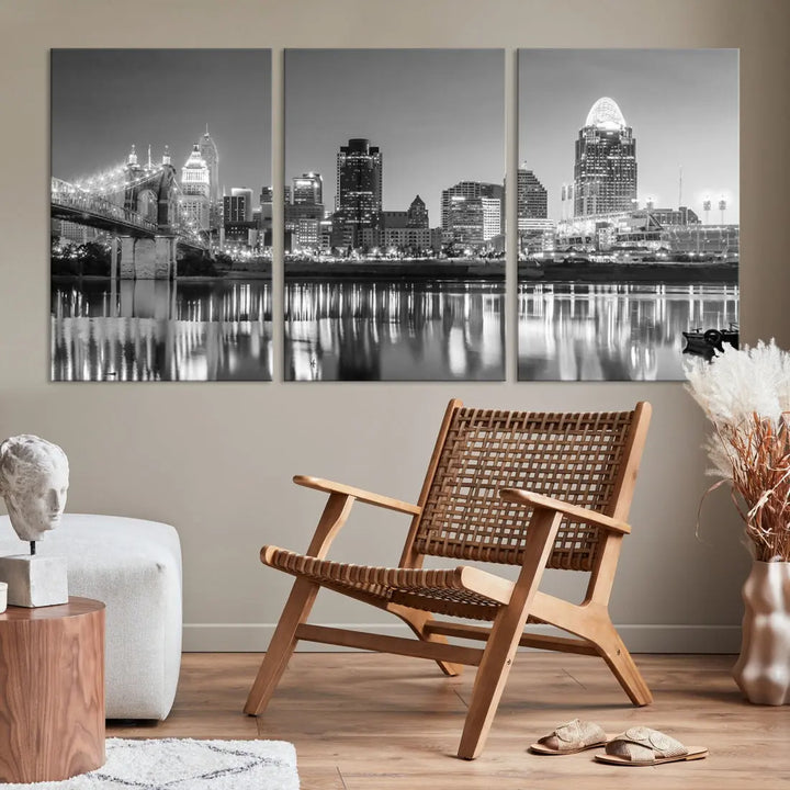 Black and White Cincinnati Skyline Wall Art Cityscape Canvas Print