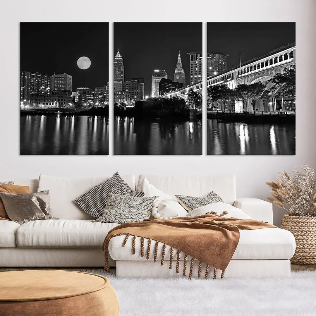 Black and White Cleveland Night Full Moon Skyline Wall Art Canvas Print