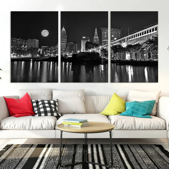 Black and White Cleveland Night Full Moon Skyline Wall Art Canvas Print