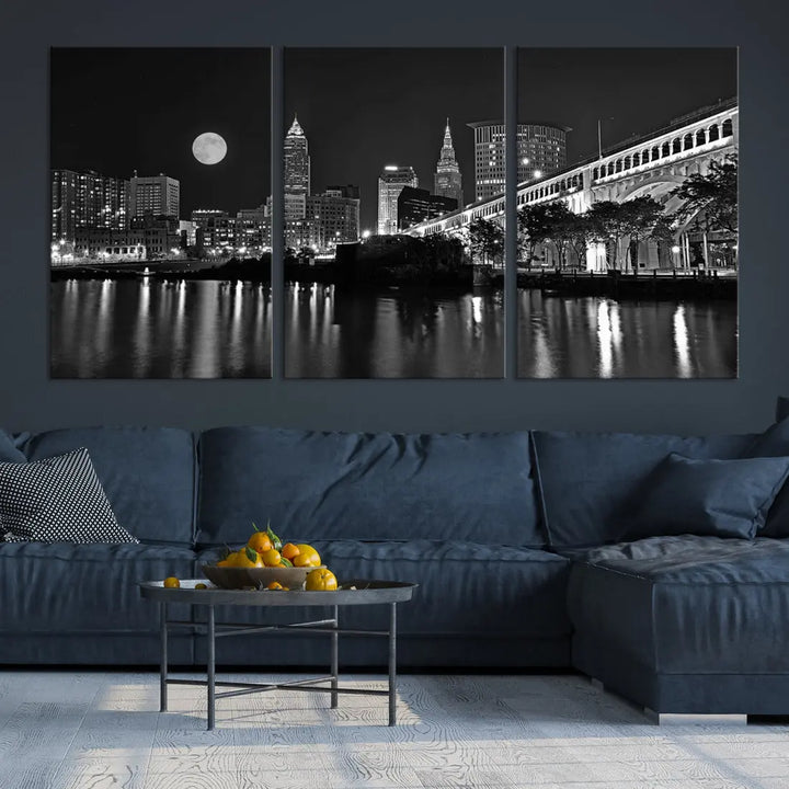 Black and White Cleveland Night Full Moon Skyline Wall Art Canvas Print