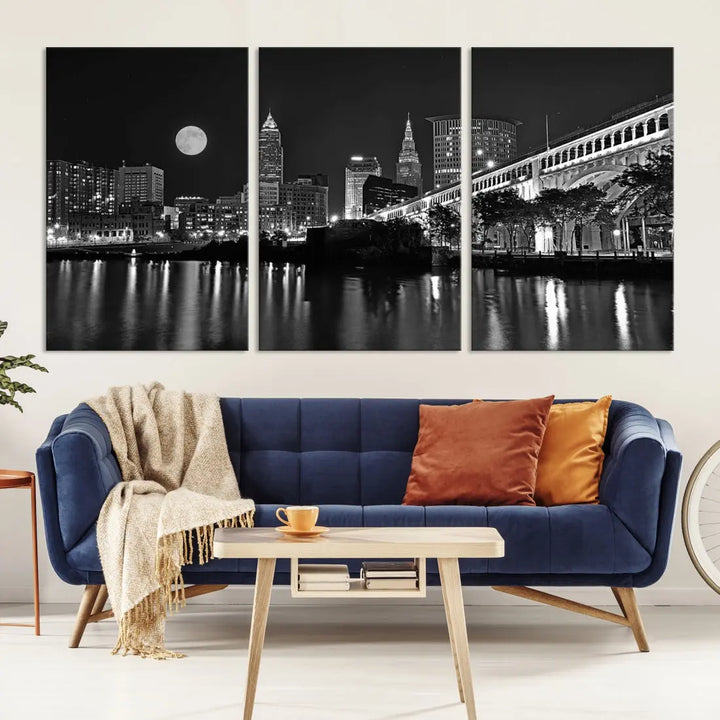 Black and White Cleveland Night Full Moon Skyline Wall Art Canvas Print