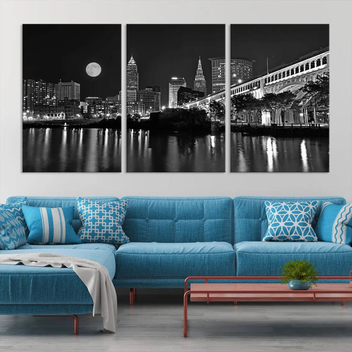 Black and White Cleveland Night Full Moon Skyline Wall Art Canvas Print