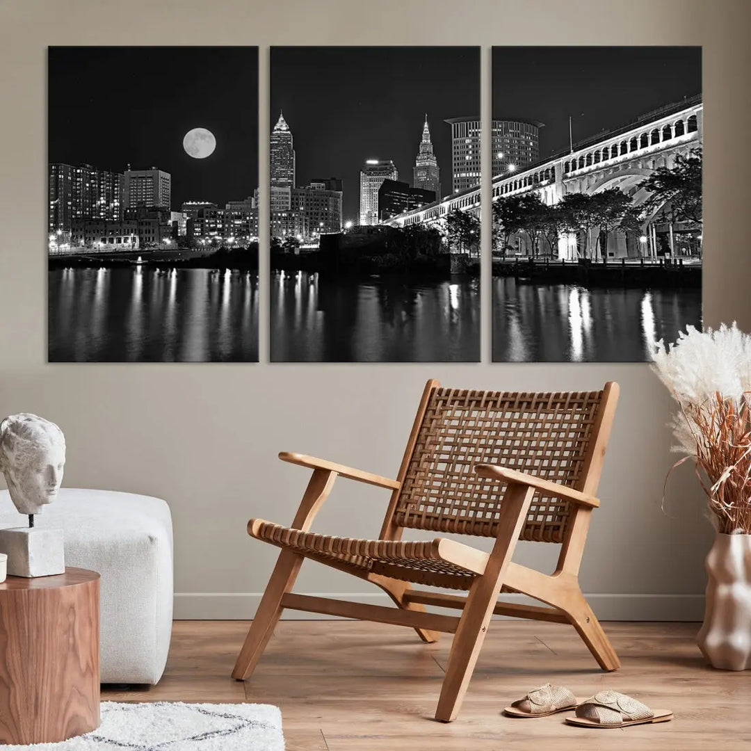 Black and White Cleveland Night Full Moon Skyline Wall Art Canvas Print