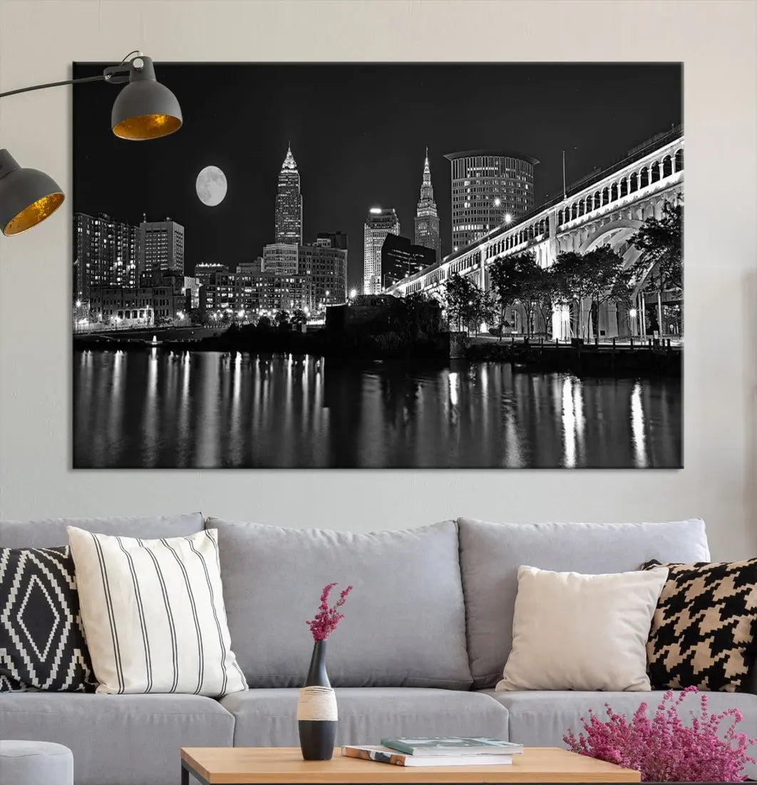 Black and White Cleveland Night Full Moon Skyline Wall Art Canvas Print