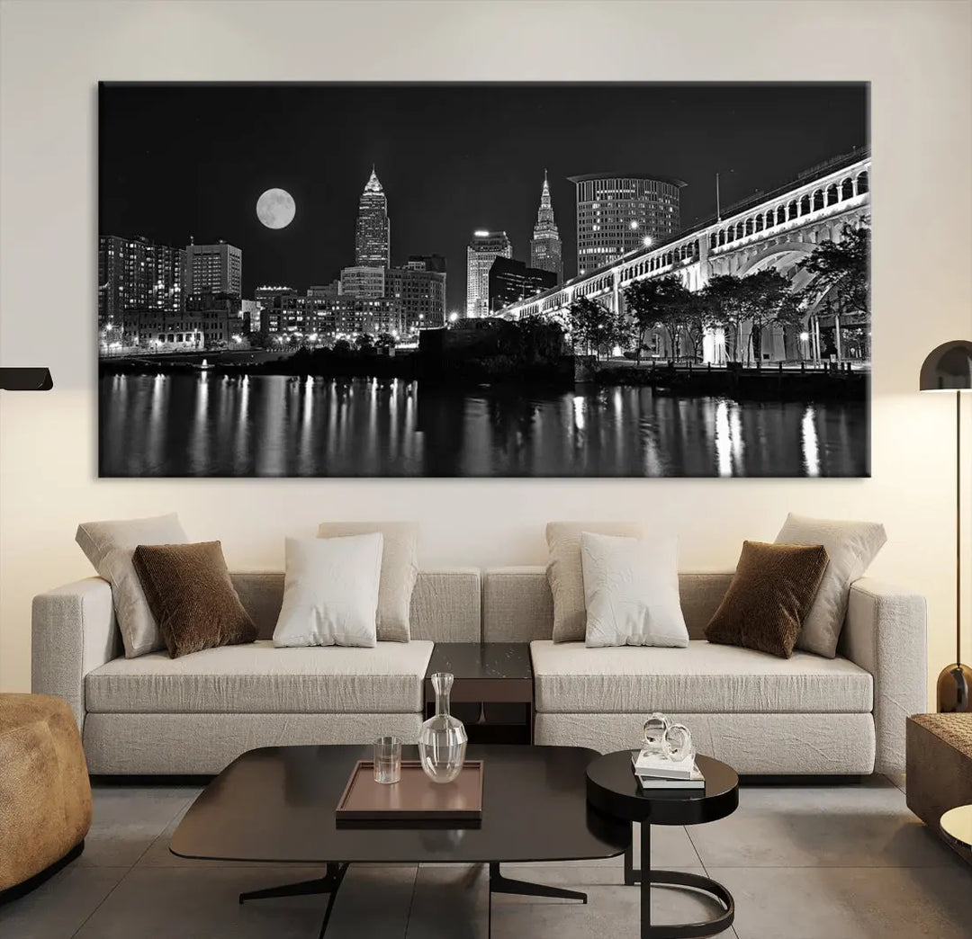 Black and White Cleveland Night Full Moon Skyline Wall Art Canvas Print