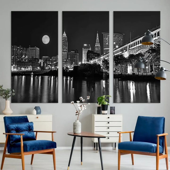 Black and White Cleveland Night Full Moon Skyline Wall Art Canvas Print