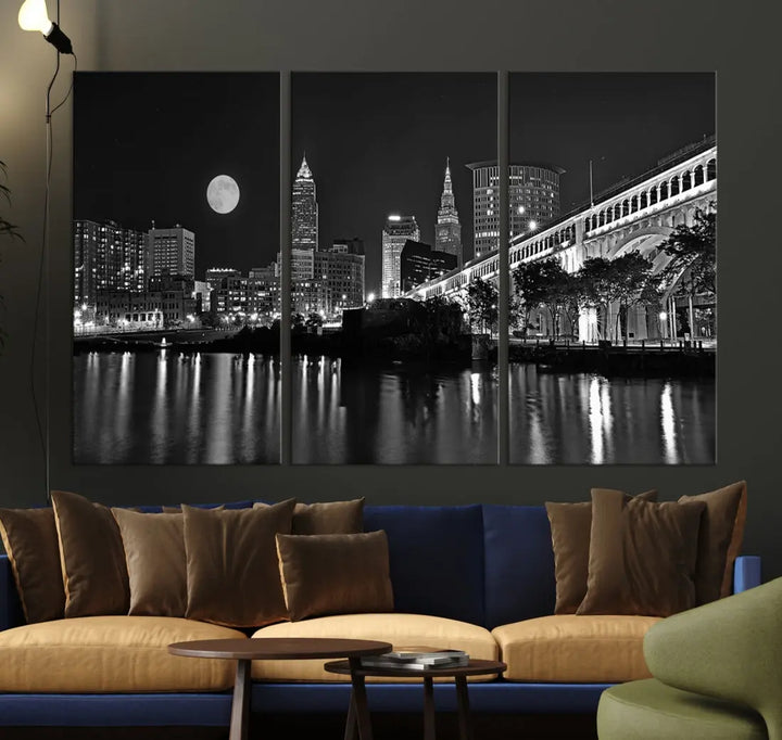 Black and White Cleveland Night Full Moon Skyline Wall Art Canvas Print