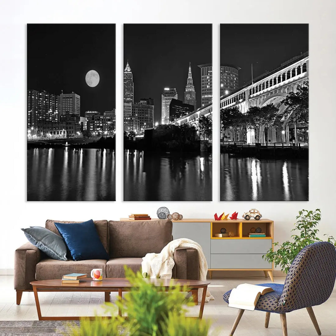 Black and White Cleveland Night Full Moon Skyline Wall Art Canvas Print