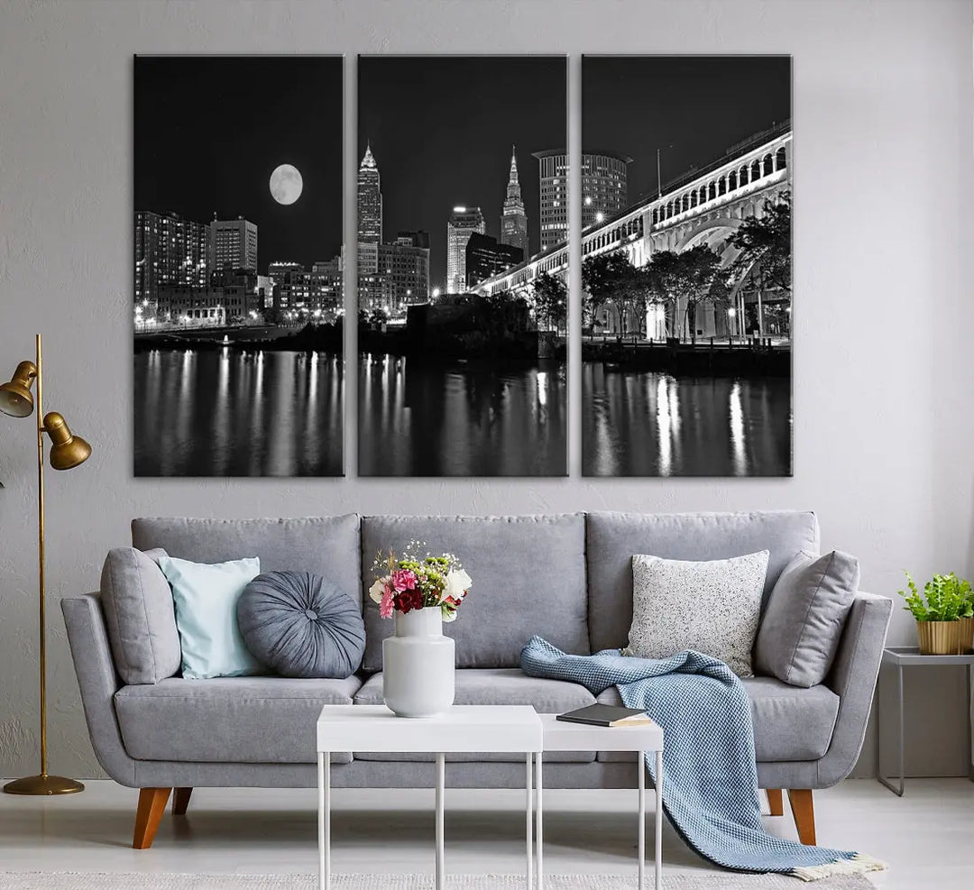 Black and White Cleveland Night Full Moon Skyline Wall Art Canvas Print