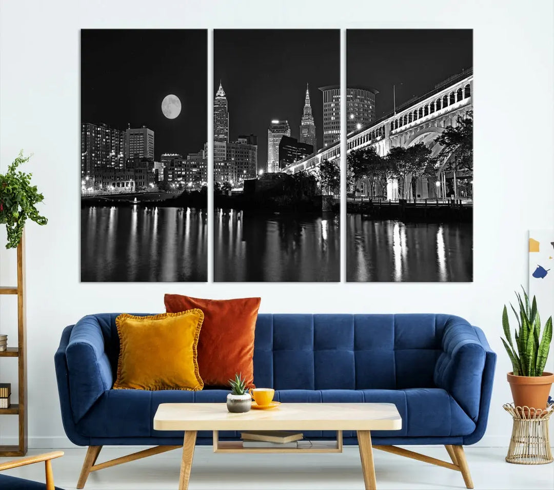 Black and White Cleveland Night Full Moon Skyline Wall Art Canvas Print