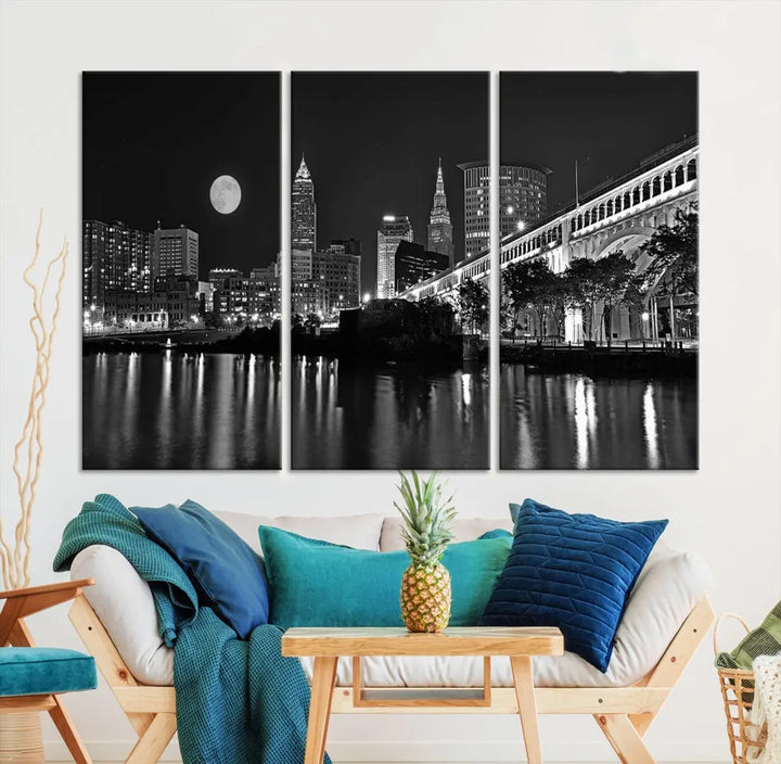 Black and White Cleveland Night Full Moon Skyline Wall Art Canvas Print