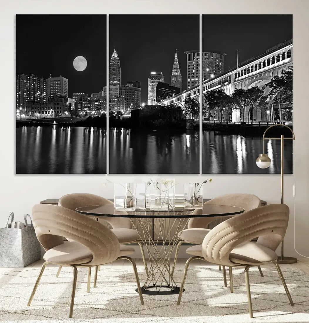 Black and White Cleveland Night Full Moon Skyline Wall Art Canvas Print