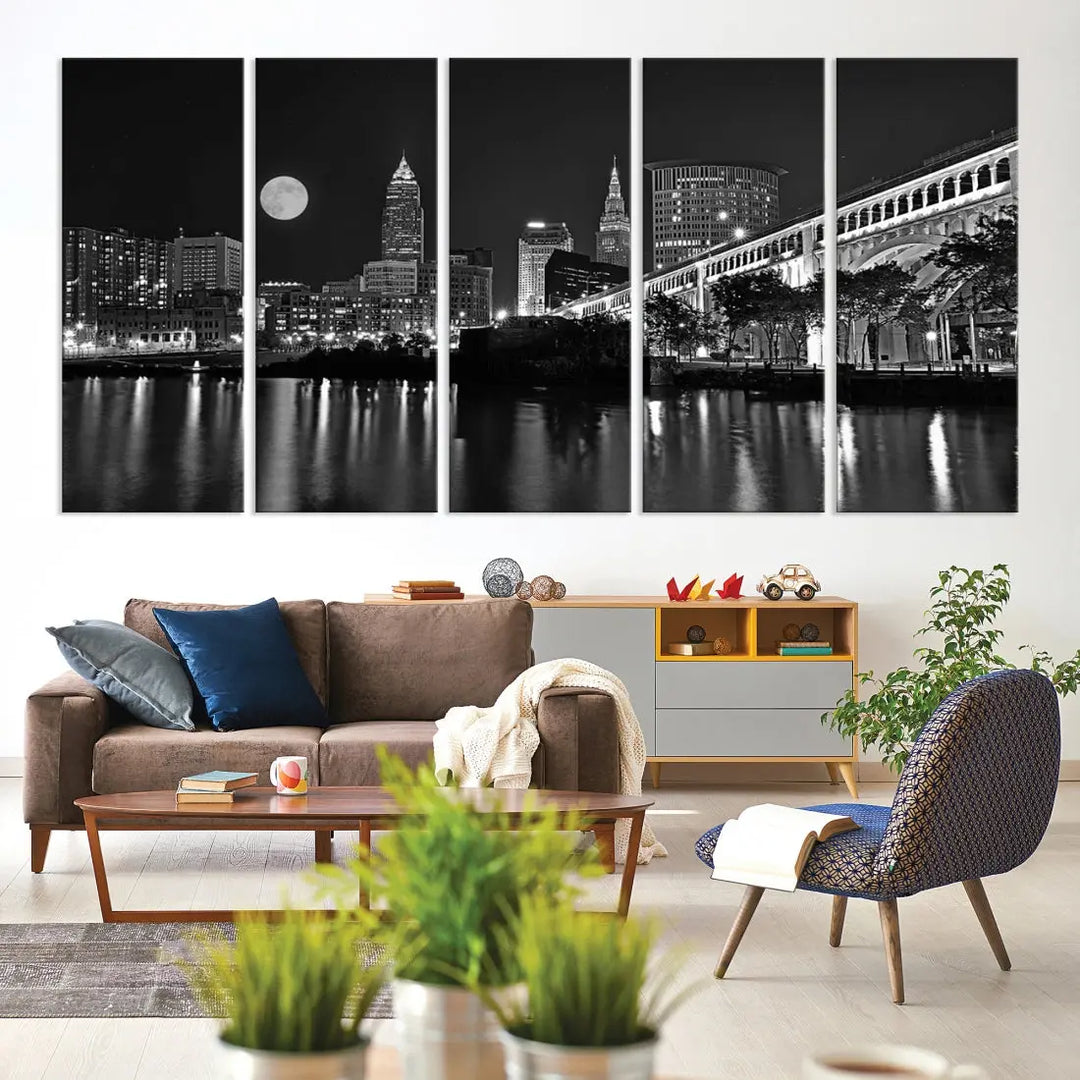 Black and White Cleveland Night Full Moon Skyline Wall Art Canvas Print