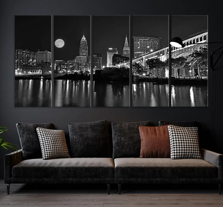 Black and White Cleveland Night Full Moon Skyline Wall Art Canvas Print