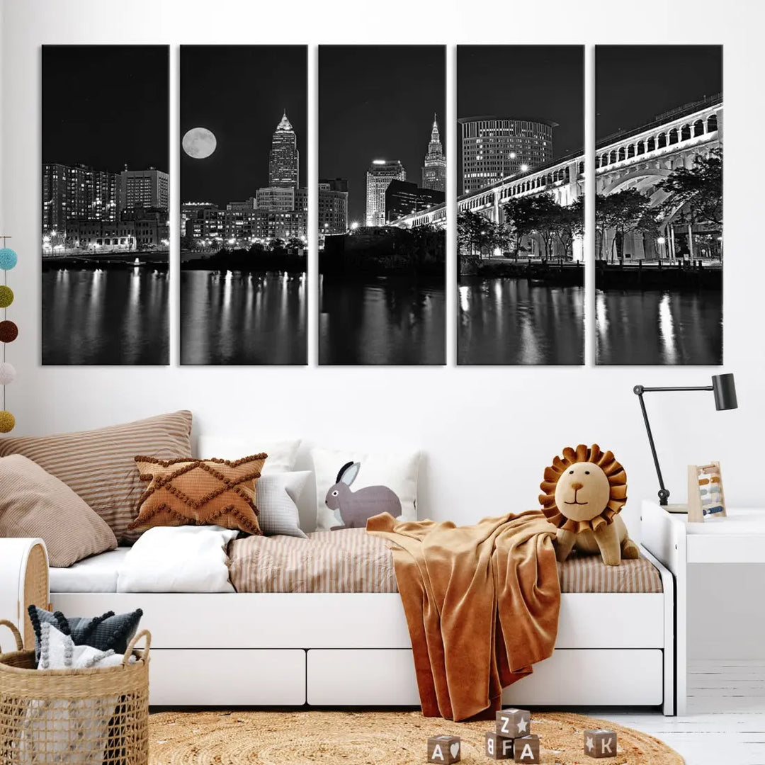 Black and White Cleveland Night Full Moon Skyline Wall Art Canvas Print