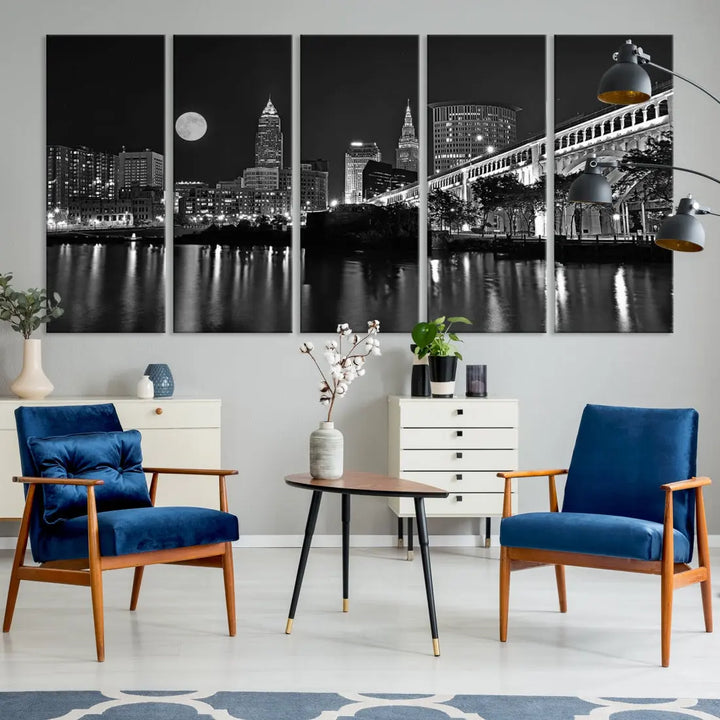 Black and White Cleveland Night Full Moon Skyline Wall Art Canvas Print