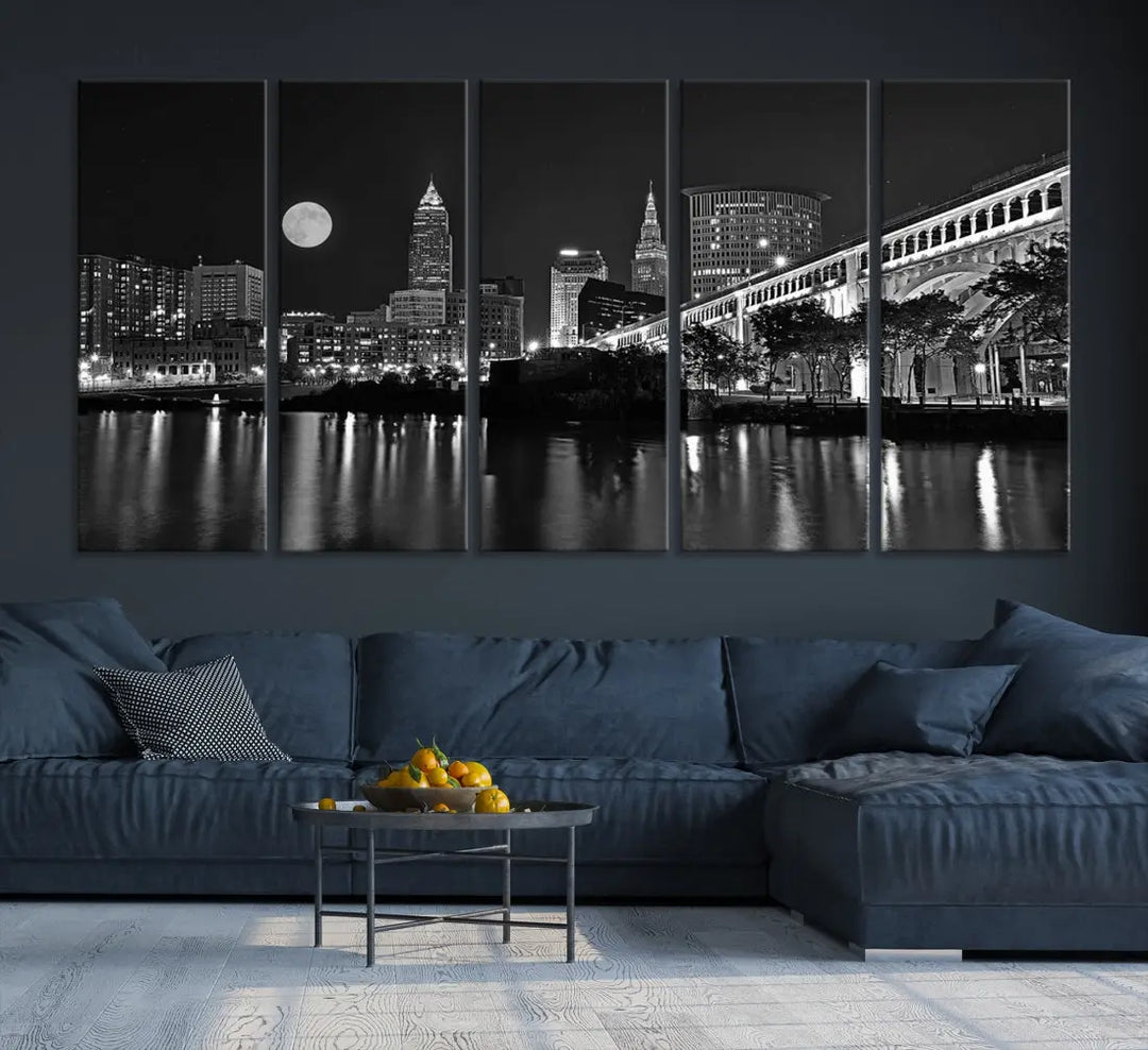 Black and White Cleveland Night Full Moon Skyline Wall Art Canvas Print