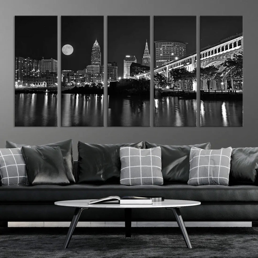 Black and White Cleveland Night Full Moon Skyline Wall Art Canvas Print