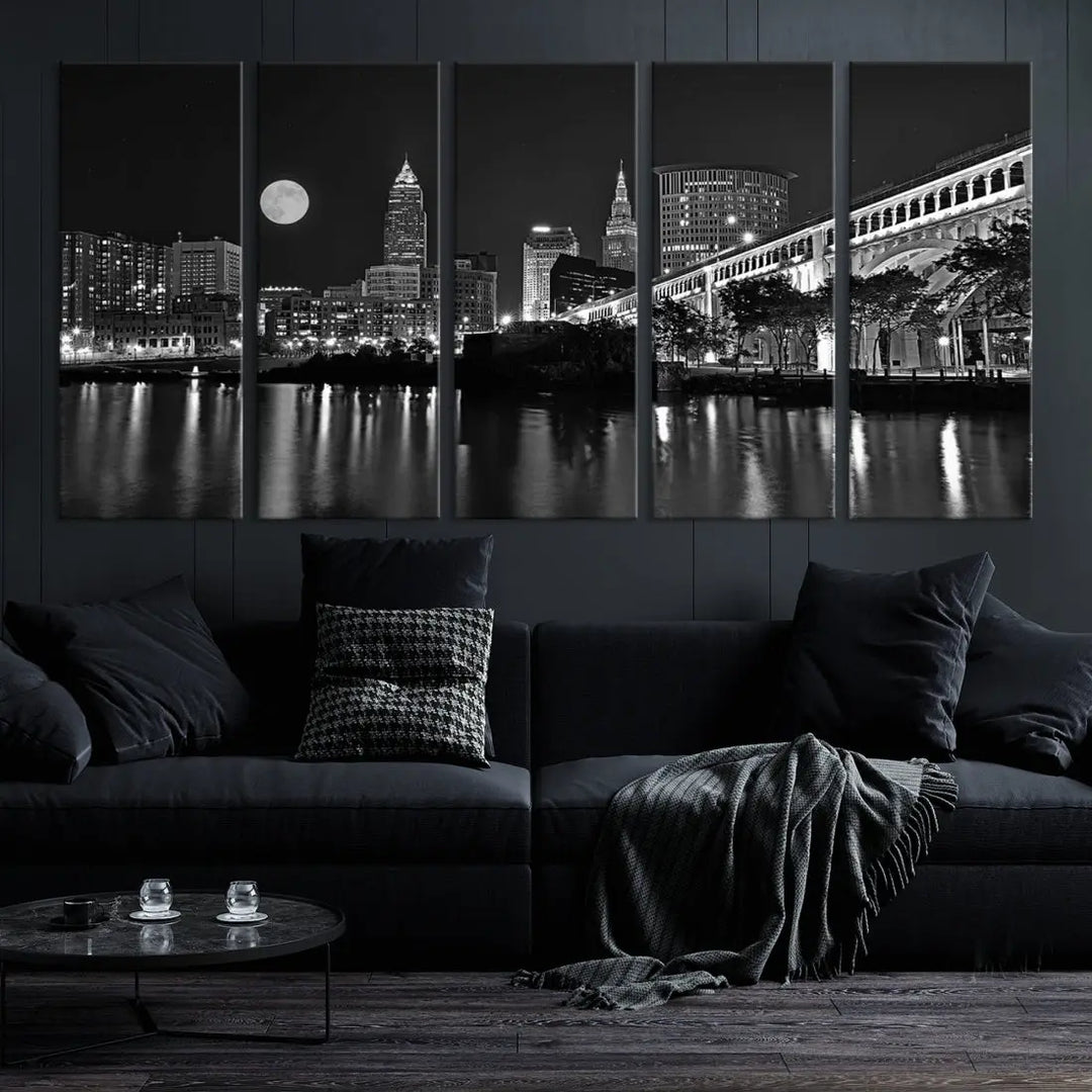 Black and White Cleveland Night Full Moon Skyline Wall Art Canvas Print