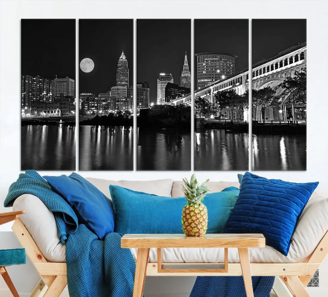 Black and White Cleveland Night Full Moon Skyline Wall Art Canvas Print