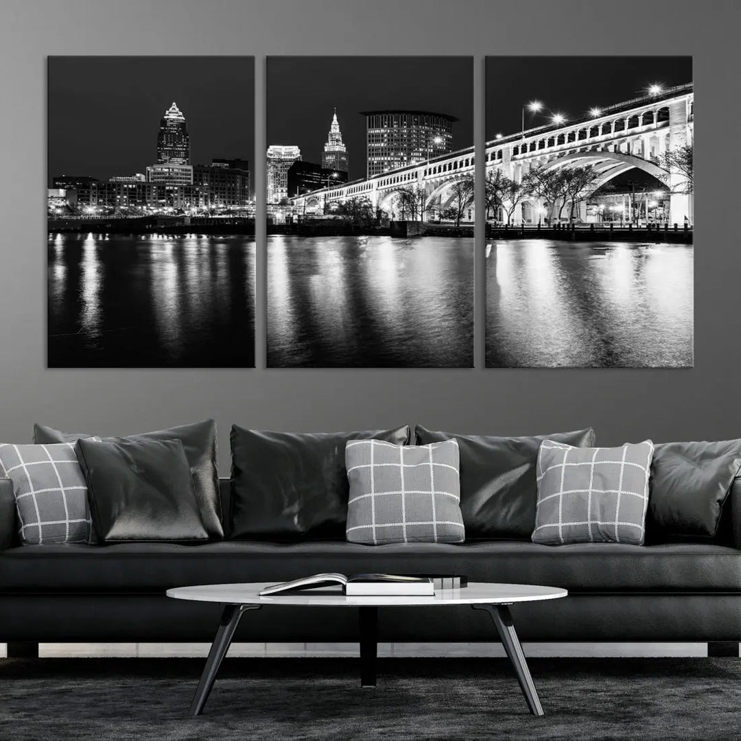 Black and White Cleveland Night Skyline Wall Art Cityscape Canvas Print