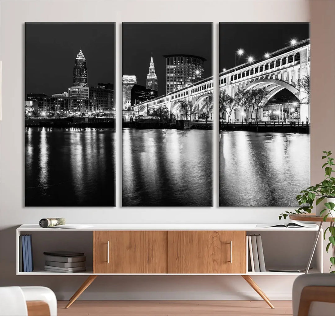 Black and White Cleveland Night Skyline Wall Art Cityscape Canvas Print