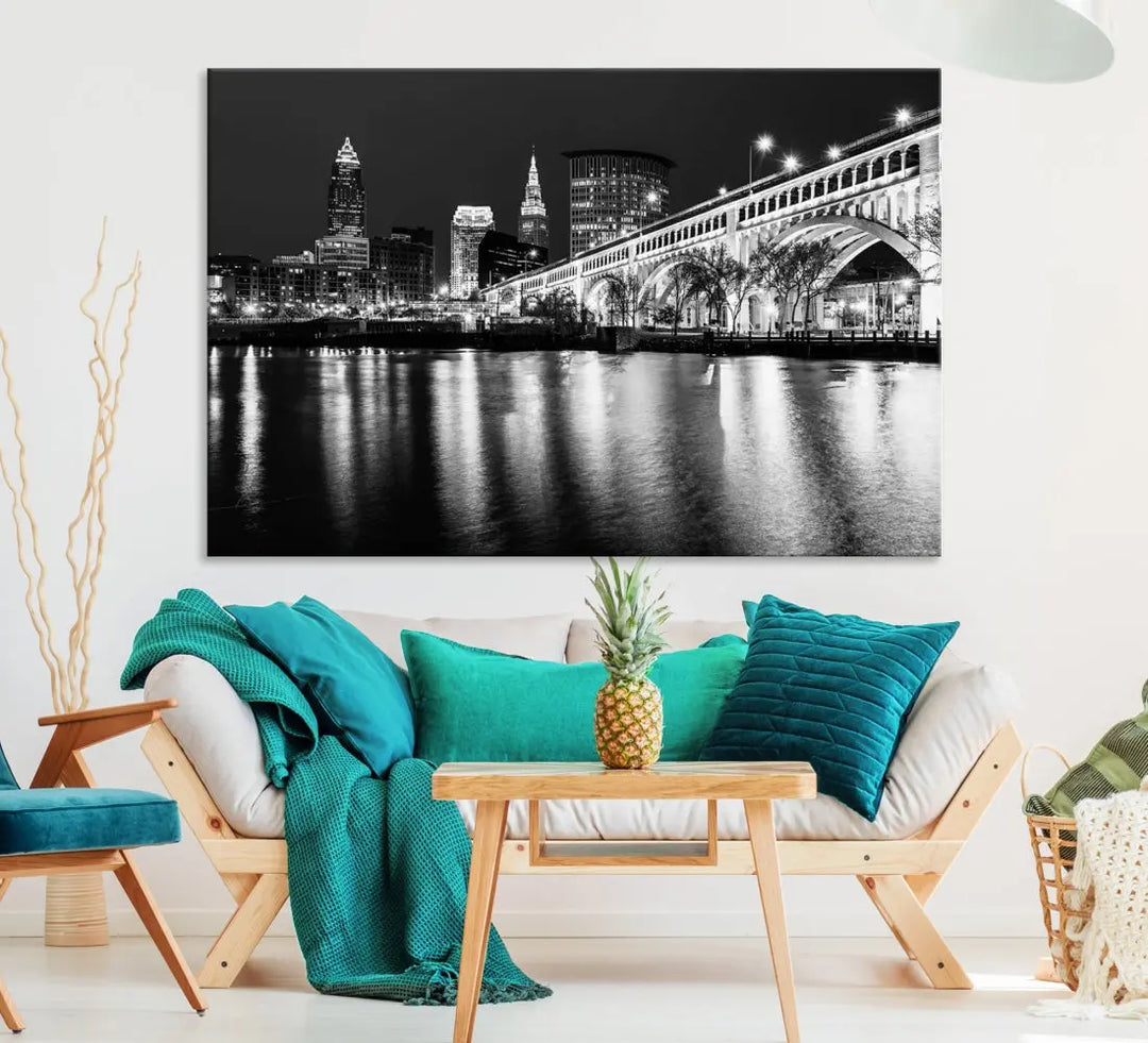 Black and White Cleveland Night Skyline Wall Art Cityscape Canvas Print