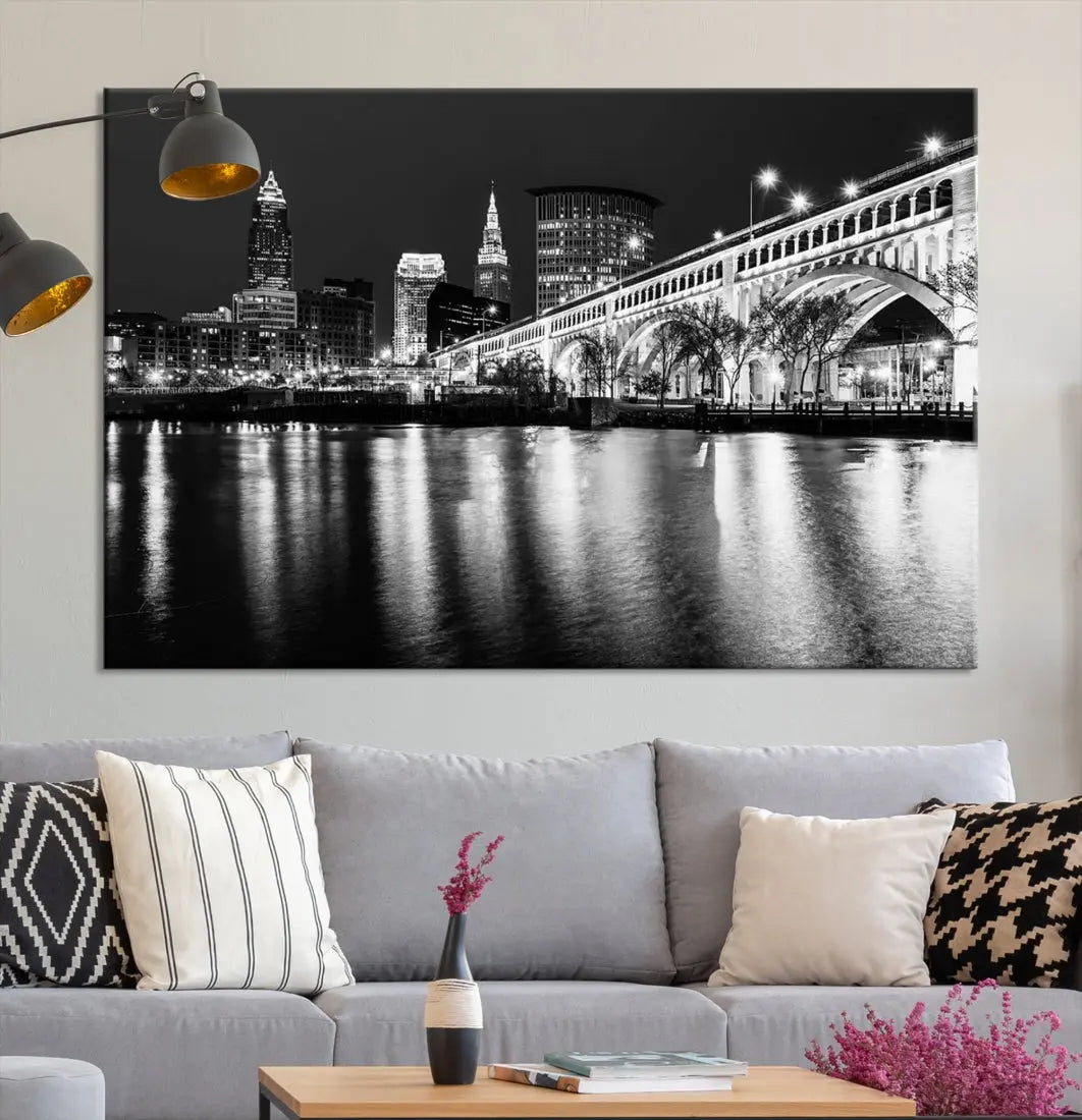 Black and White Cleveland Night Skyline Wall Art Cityscape Canvas Print